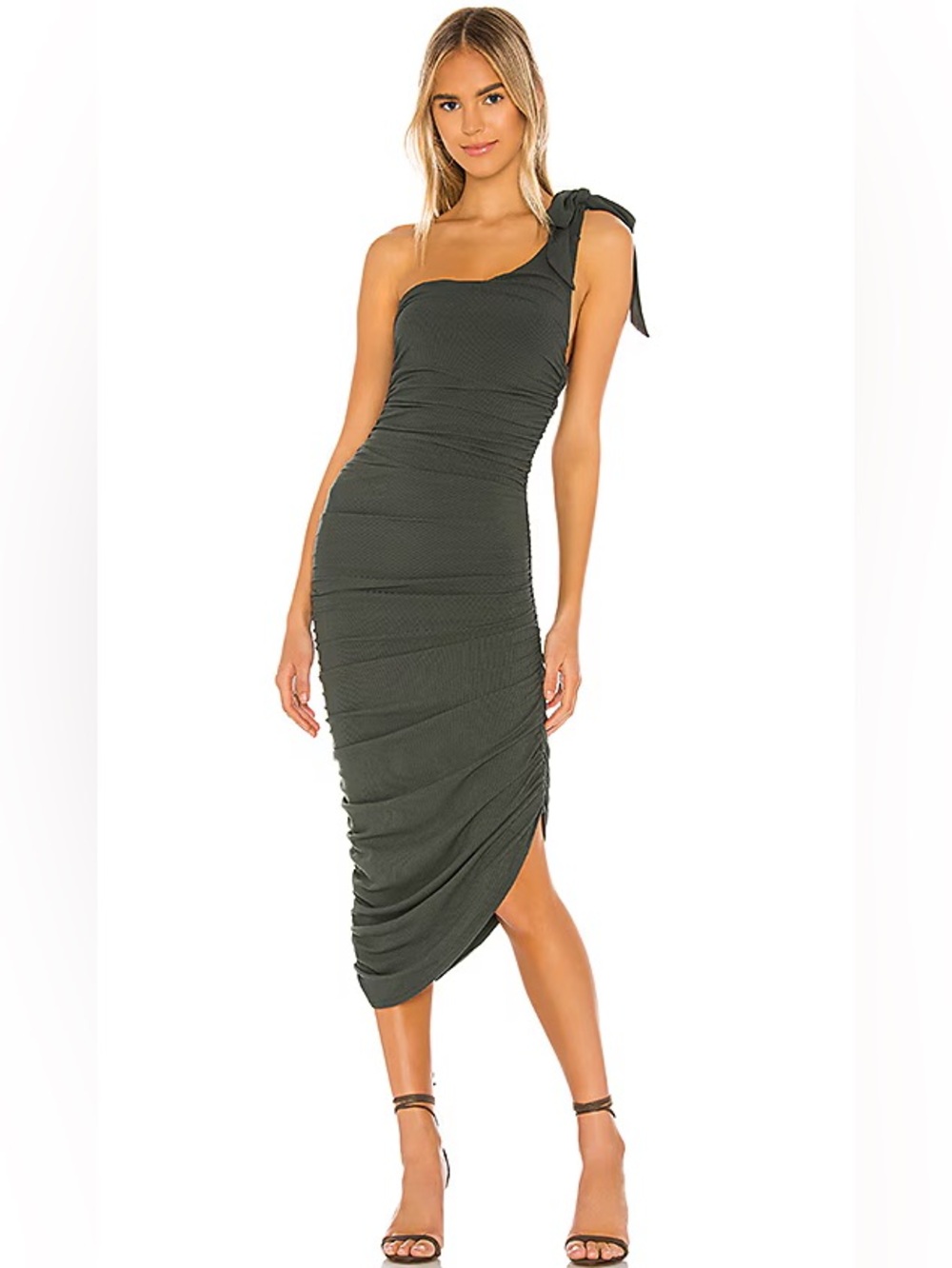 MAJORELLE Montreal One-Shoulder Dress - Small - Moss Green Ribbed Jersey